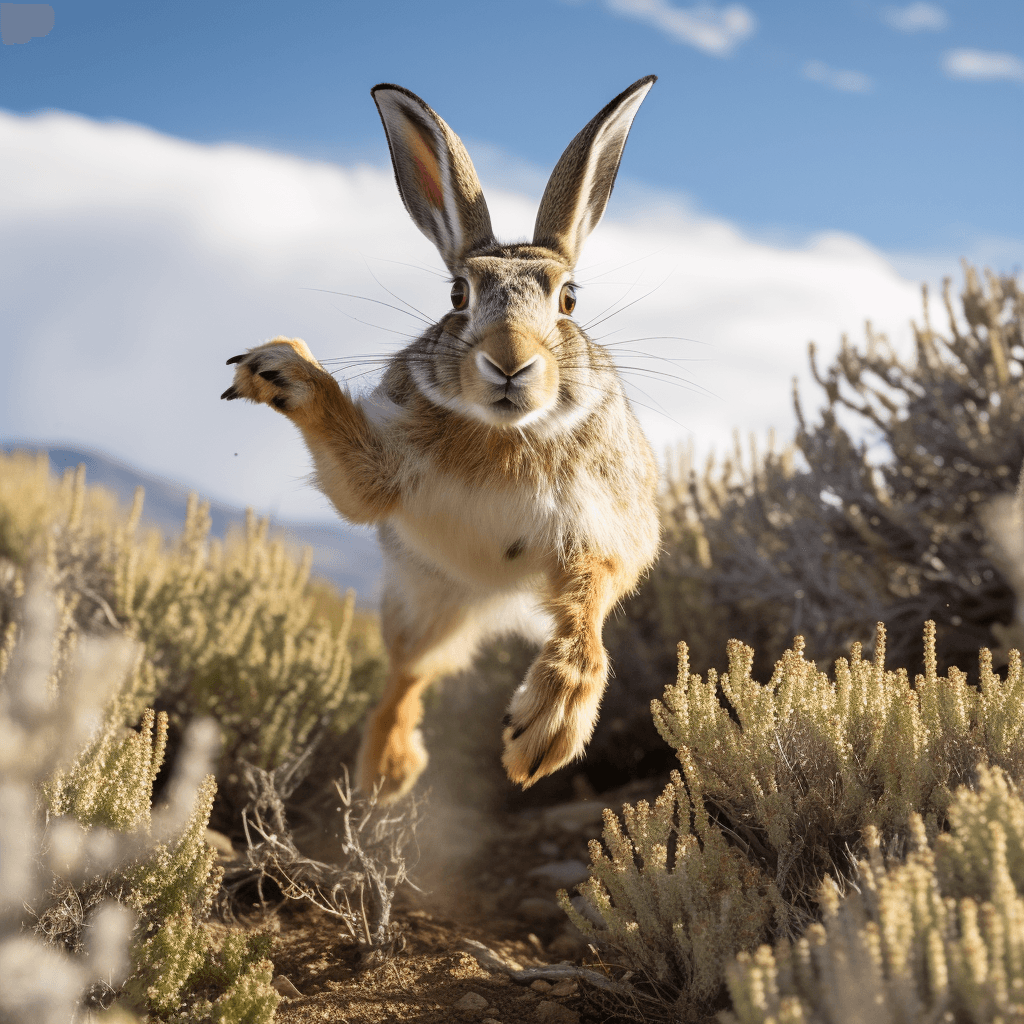 AI generated: a jackrabbit leaps over sagebrush, in the style of paul nicklen, nikon d850, high definition