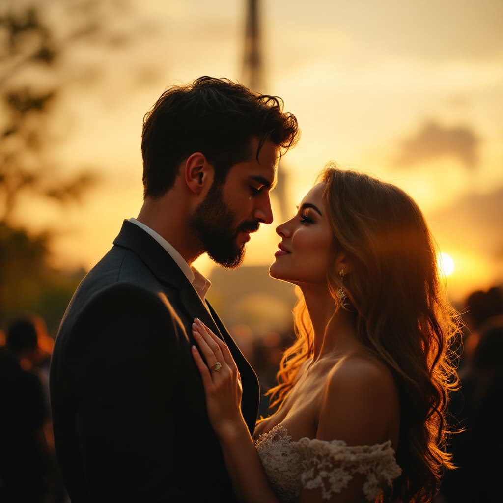 AI generated: A rare man and his fiancée standing in front of the Eiffel Tower in Paris, gazing deeply into each o...