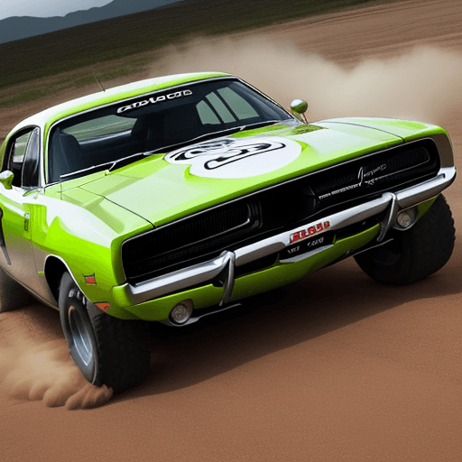 AI generated: dodge charger 1970 rally car inspired by Porsche classic rally cars with off-road suspension, off-ro...