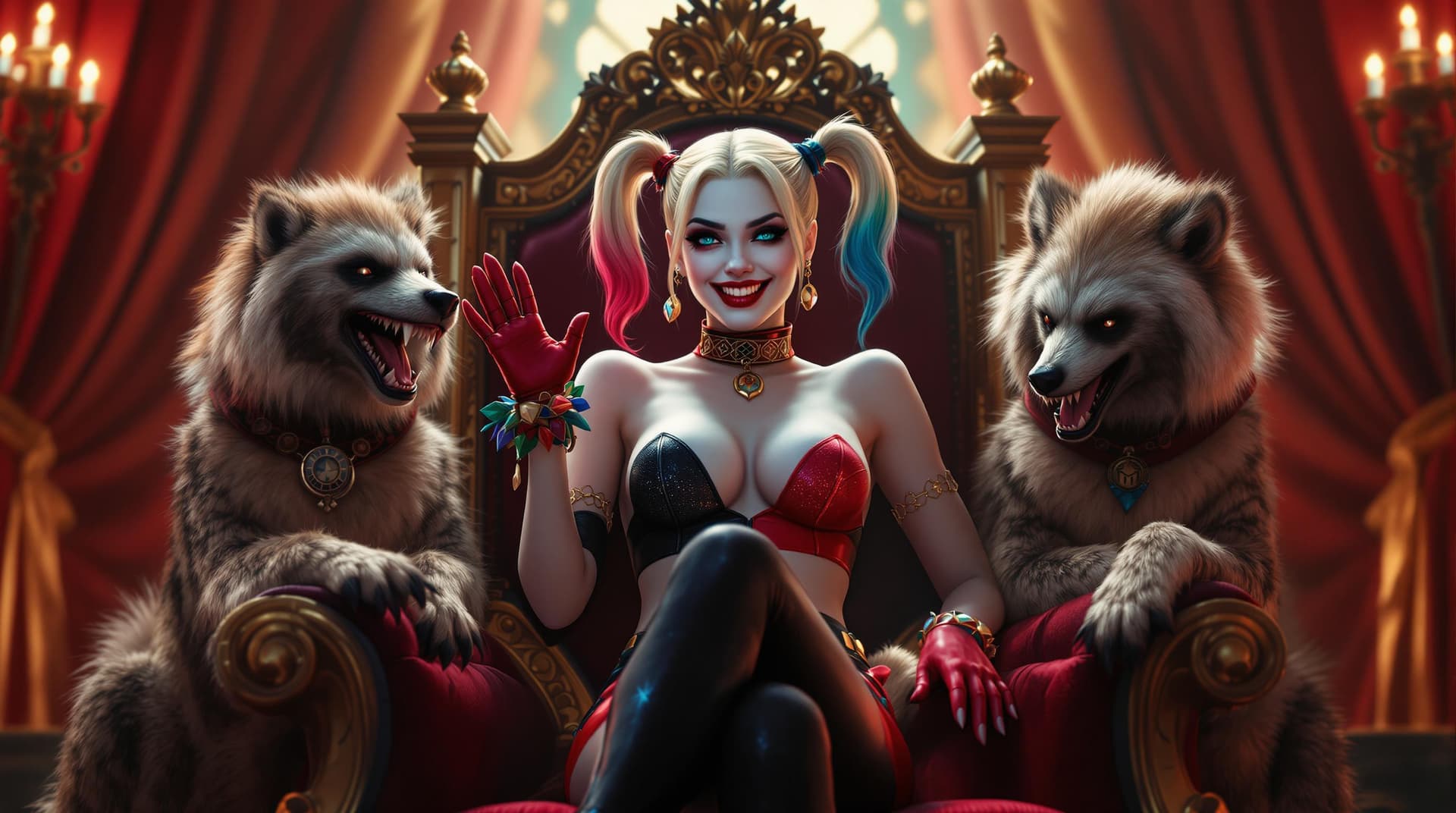 AI generated: A Full Body photo shot of Classic Harley Quinn, sitting on her throne chair, smile (happy), beauty, ...