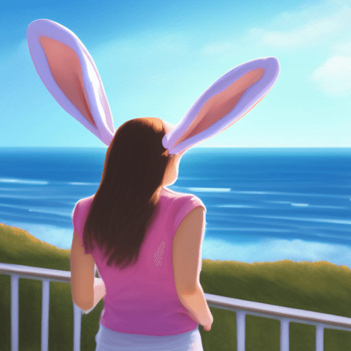 AI generated: Female, overlooking the ocean, daylight, indirect lighting, bunny ears