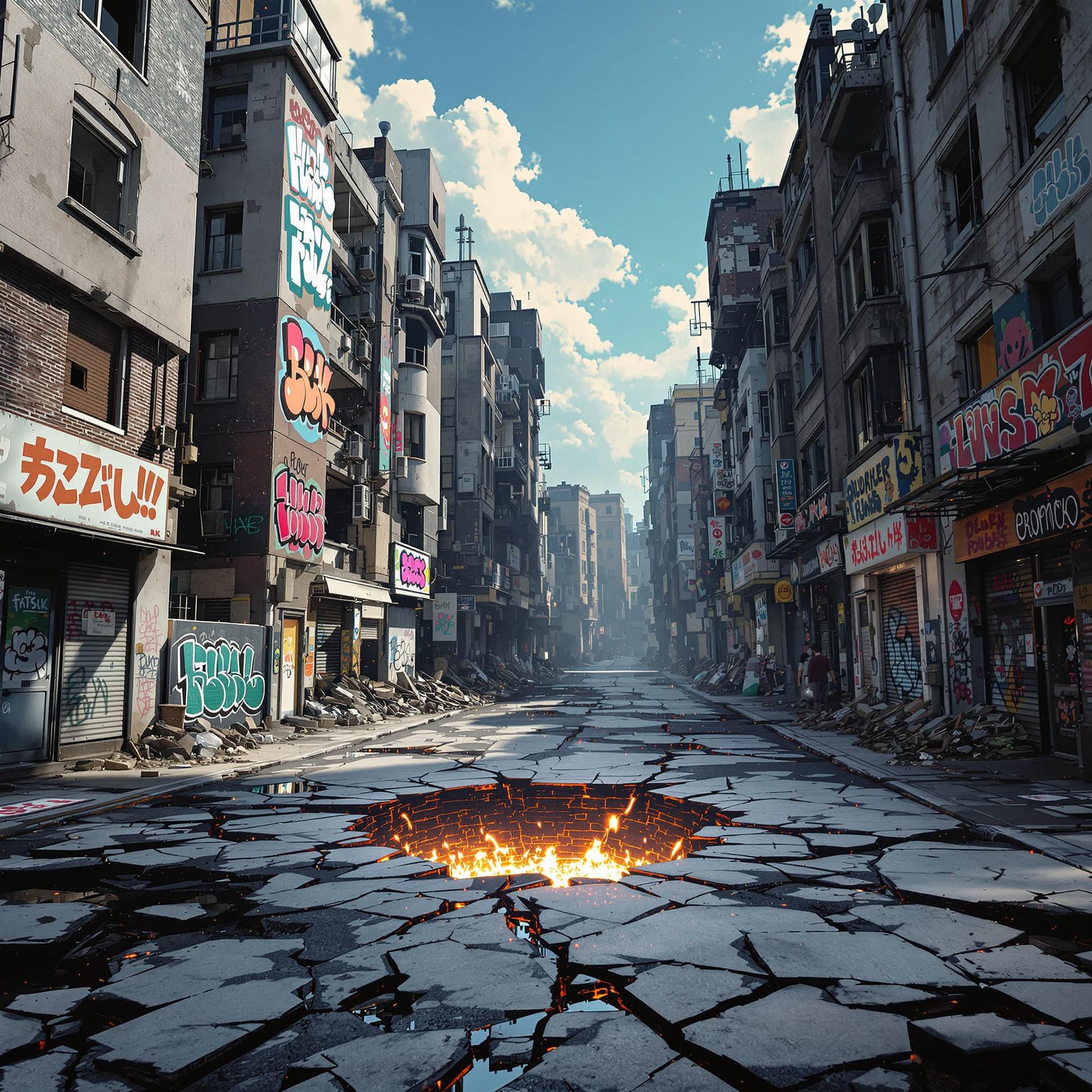 AI generated: very destroyed urban buildings with graffiti and a small crater with cracks in the street and energy...