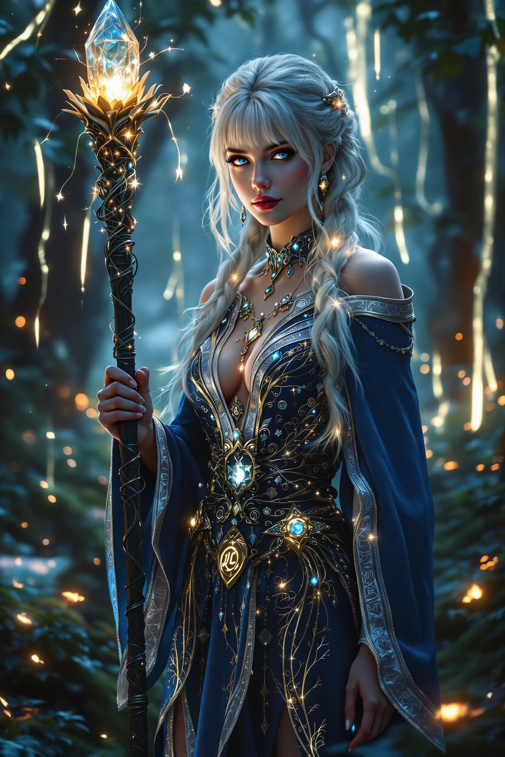 AI generated: Ultra-photorealistic cinematic full body view of a mystical and powerful sorceress standing in a glo...