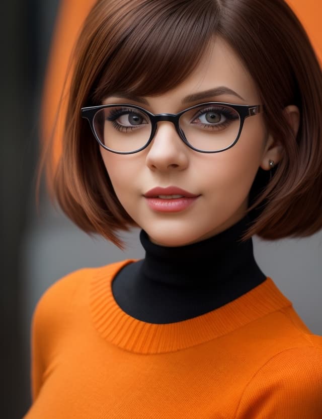 AI generated: professional portrait, goth girl, velma from scooby-doo, a girl wearing eye glasses and an orange to...