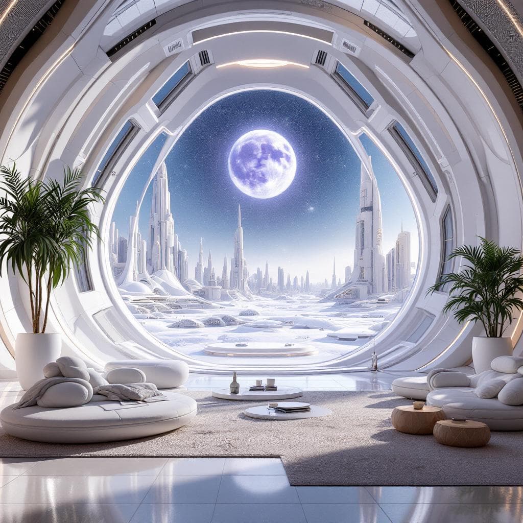 AI generated: Create a futuristic interior of a luxurious Galactic Condo, to host the company of good friends of d...