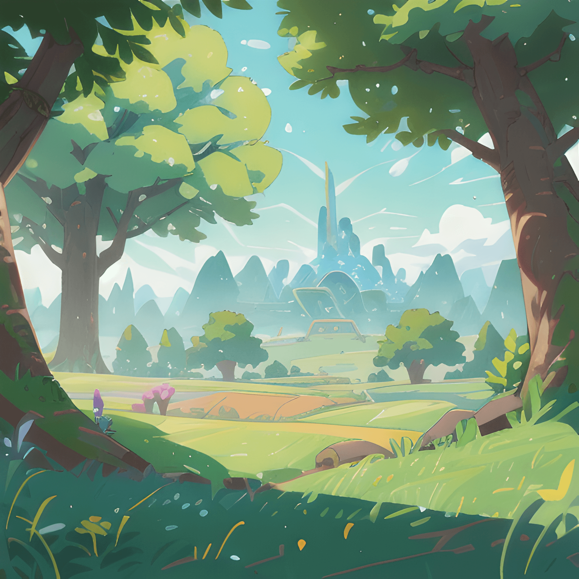 AI generated: a landscape field with grass and tree in a sunny day inspire from zelda breath of the wild, shoujo s...