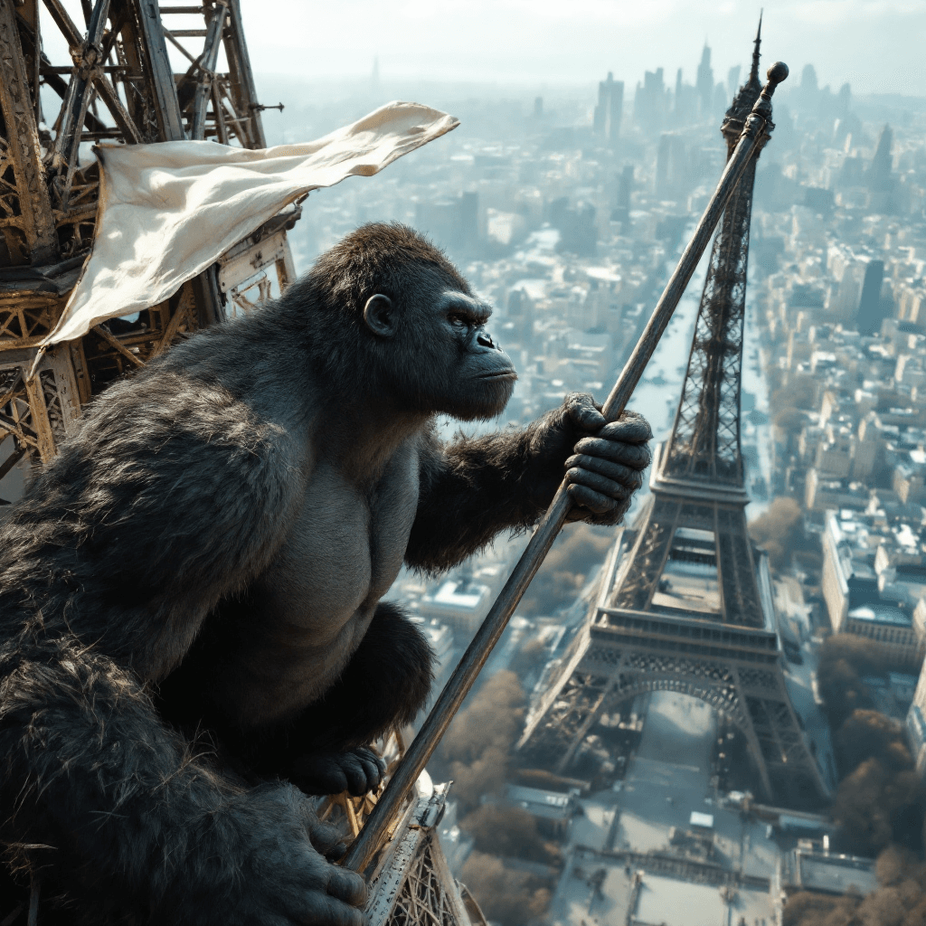 AI generated: king Kong climbing the Eiffel Tower, holding a white flag attached to a metal pole in one hand, in a...