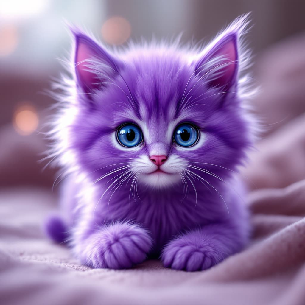 AI generated: Very cute fluffy purple kitten with purple fur, purple eyes like diamonds, large eyes, cute pointed ...