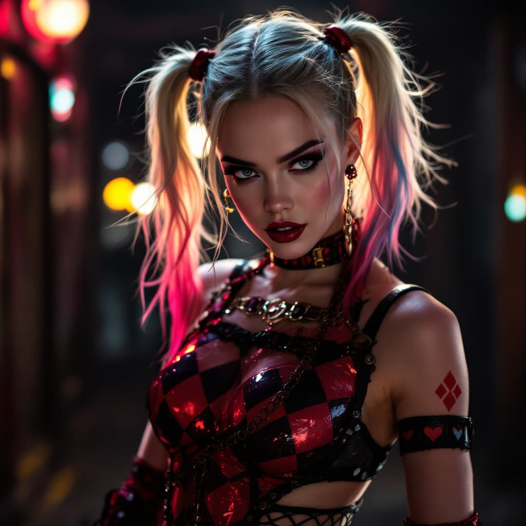 AI generated: margot Robbie as Harley Quinn in Suicide Squad, full body, soft lighting, dynamic angle, realistic l...