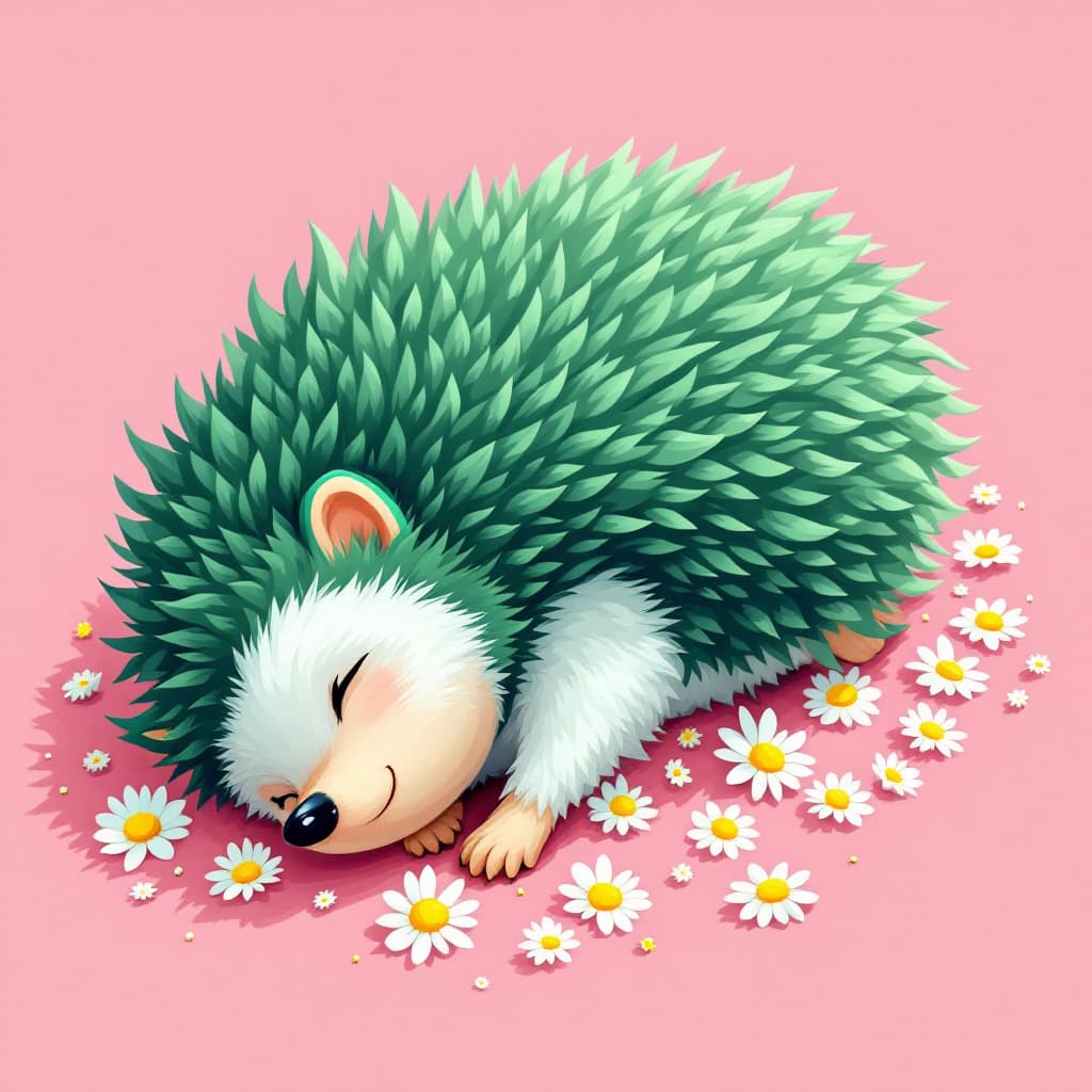 AI generated: Full-length fluffy green hedgehog rolling on a bed of daisies. The background is plain pink. The sty...