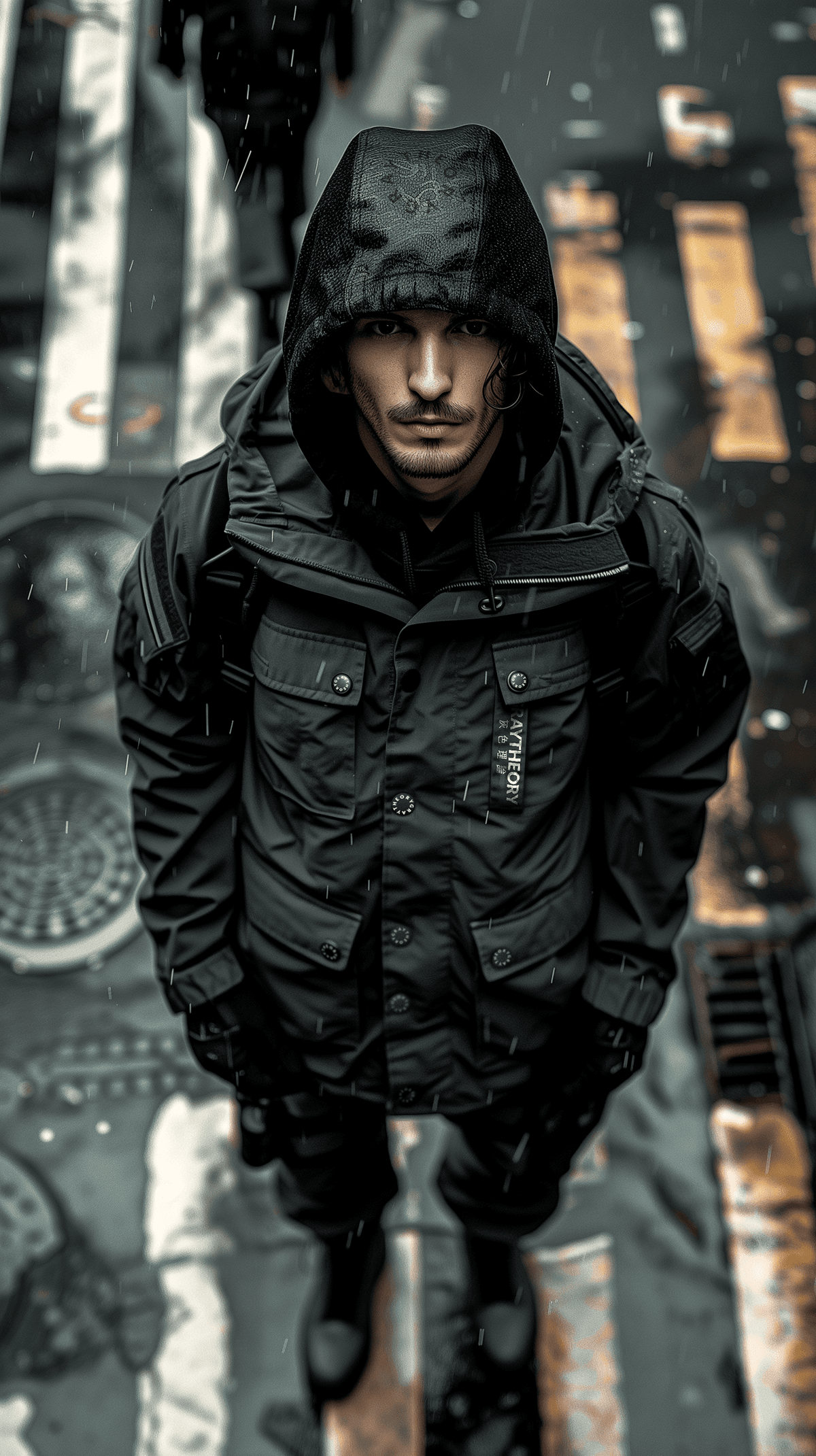 AI generated: Photography, aerial view, professional model, standing on massive a complicated crosswalk center ins...
