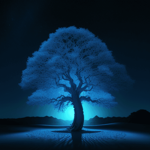 AI generated: Fantastic tree, Blue illumination, Long trunk, Leaves on top of the tree, Divine light, Starry night...