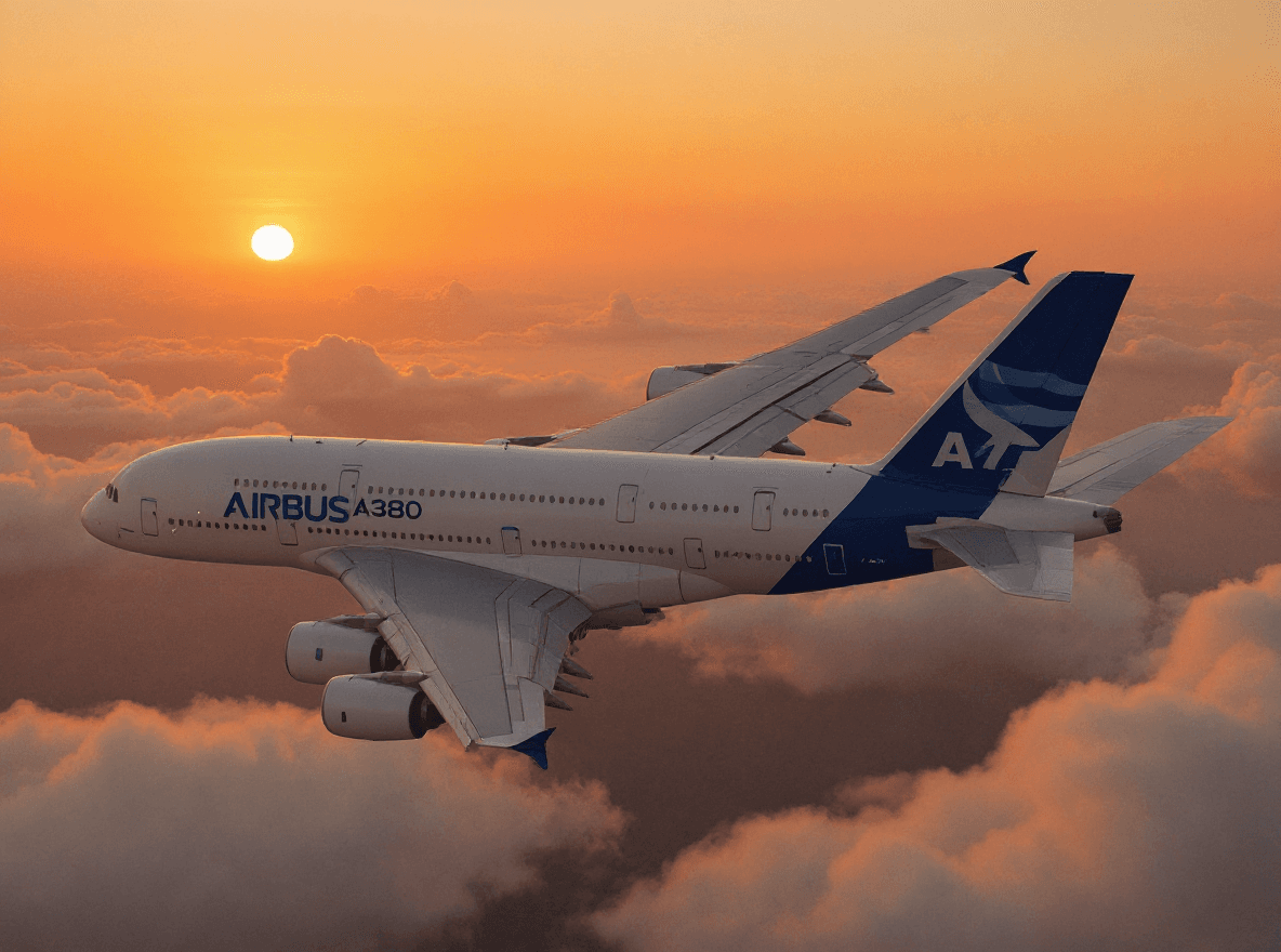AI generated: A 4K, photorealistic image of a A380 flying through the clouds at sunset.