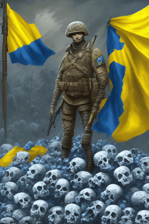 AI generated: a distant shot of a Ukrainian Modern Warfare soldier with blue and yellow flag standing alone on a p...