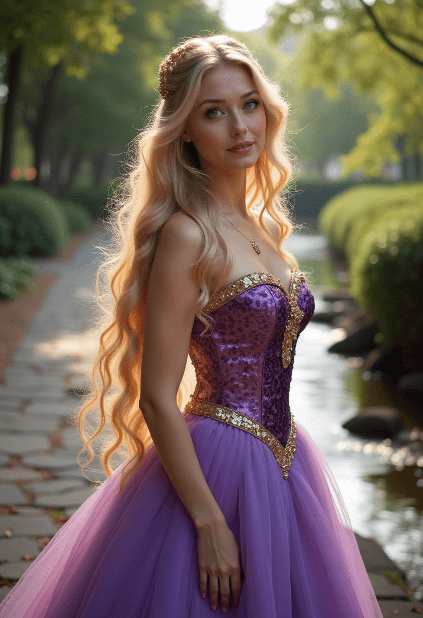 AI generated: fairy tale beautiful woman, long dark blonde hair, light blue eyes, full lips, fair complexion, bust...