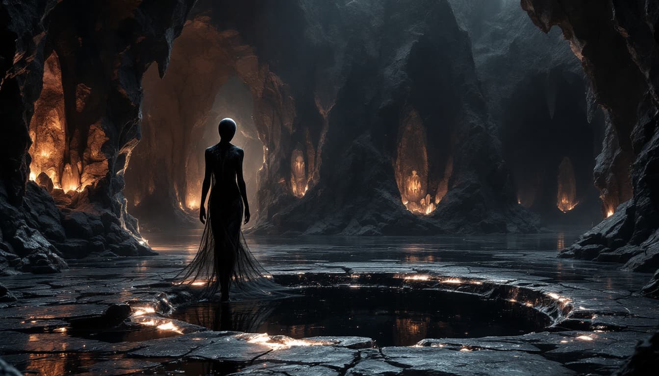 AI generated:     A faceless, translucent figure glides silently across a crumbling obsidian floor veined with fra...