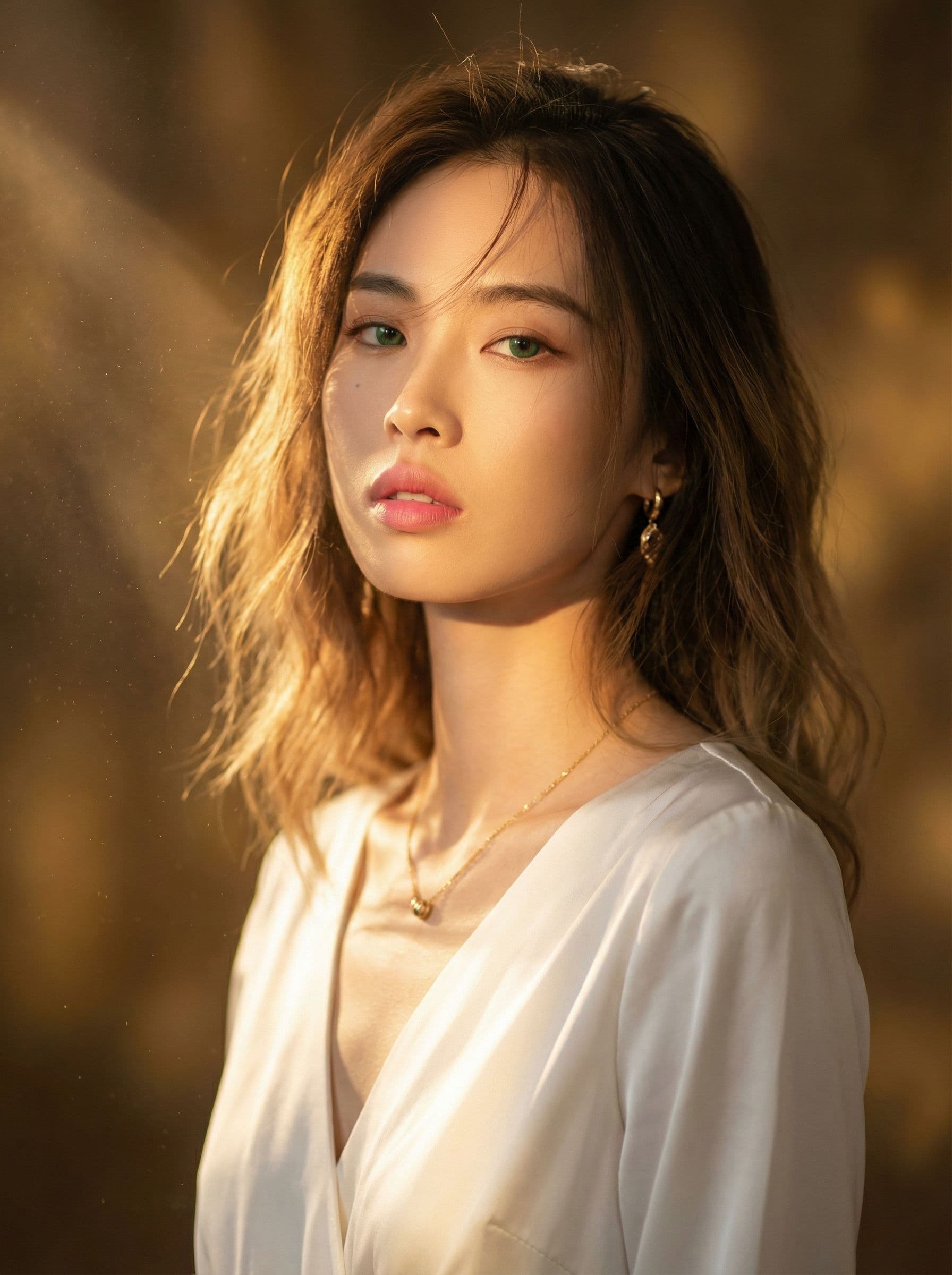 AI generated: "Fine art photography, head and torso portrait, warm light, soft saturation, early 20's supermodel, ...