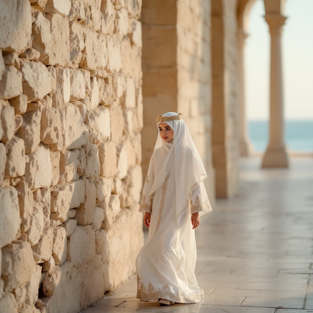 AI generated: An elegant portrait of a 12 year old girl in a traditional Bahraini Thobe, in the historic Bahrain F...