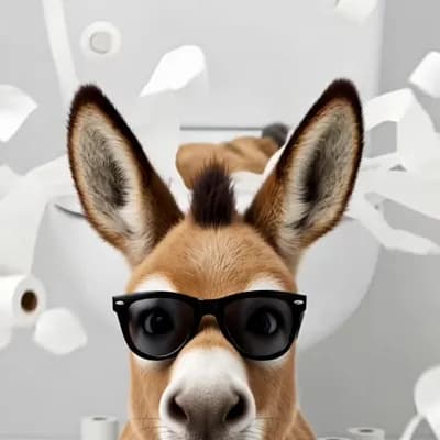 AI generated video: **"A baby donkey wearing sunglasses attempts to flush itself down a giant toilet while dramatic musi...