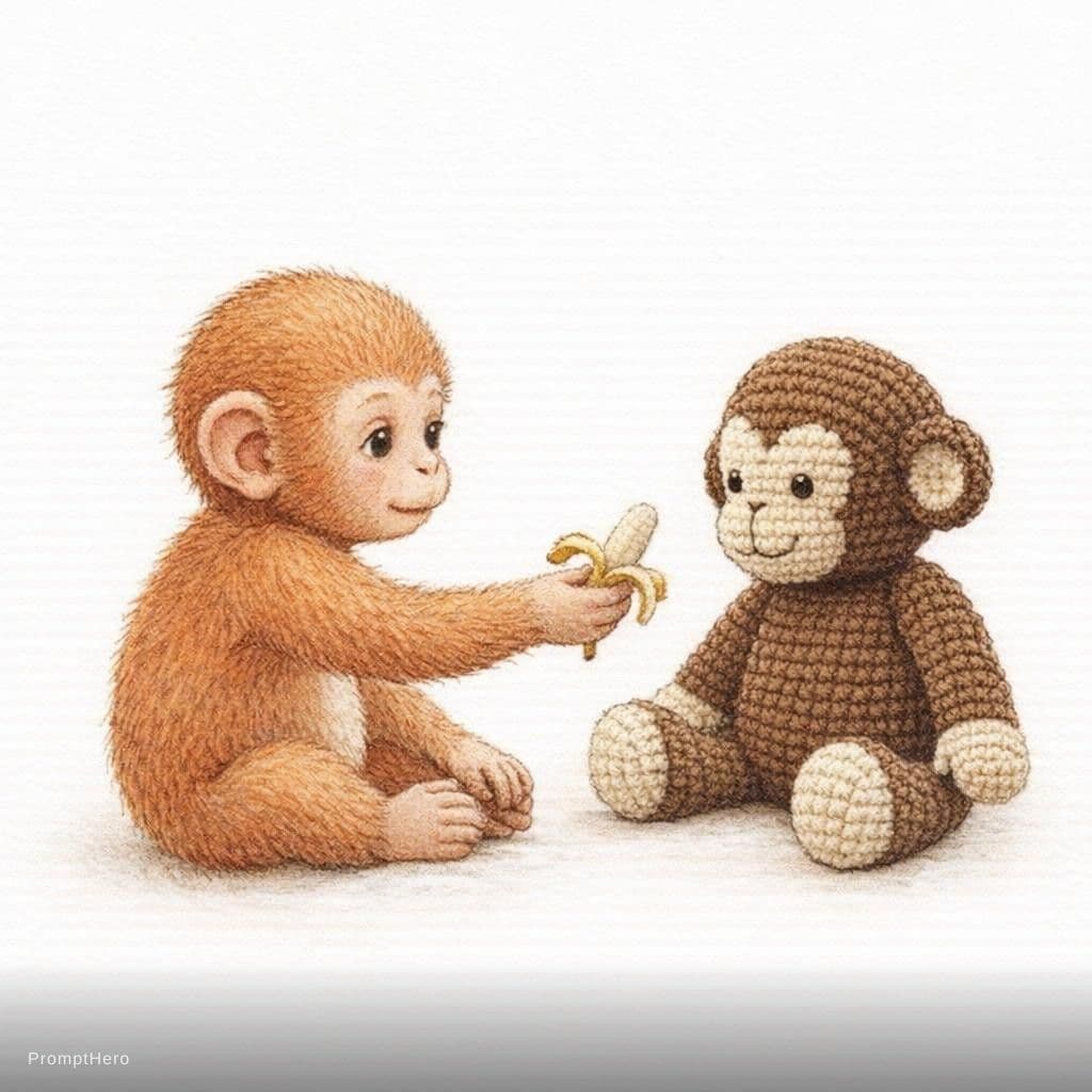 AI generated: vintage children's book illustration, cute baby monkey sitting while offering a small banana to its ...