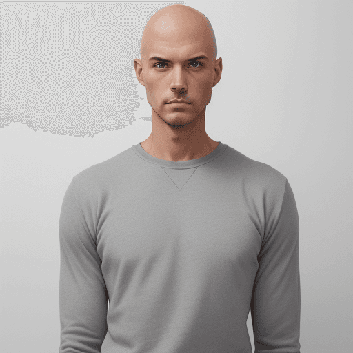 AI generated: front view, capture a light gray shirt, technical materials, male model, bald head, fabric label wit...