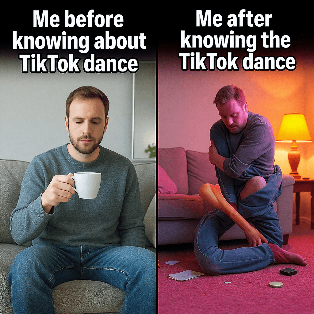 AI generated: Split-screen meme format. On the left, titled 'Me before knowing about the viral TikTok dance,' show...