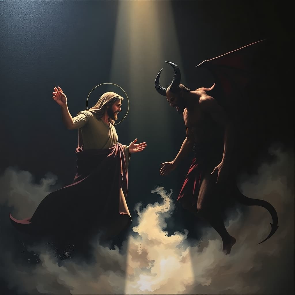 AI generated: Modern flat design acrylic painting of Jesus versus the devil, volumetric lighting, high contrast, p...