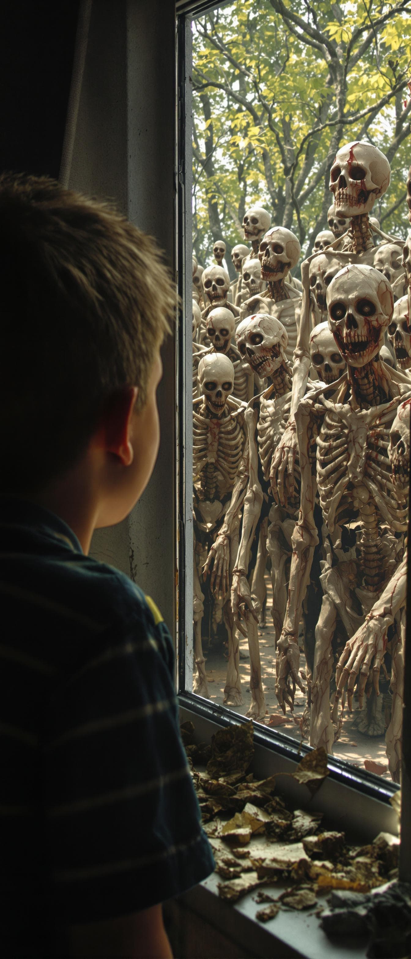 AI generated: A boy looking from a window at daylight and sees many walking dead people . Their body are fleshy or...