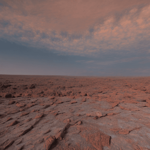 AI generated: a desolate, reddish landscape with vast stretches of rocky terrain, the surface is harsh, dusty, and...