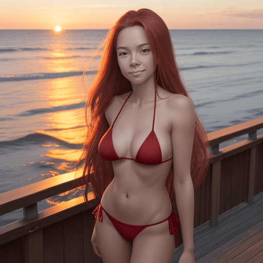 AI generated: A woman with long flowing hair in a red bikini, standing on a boardwalk at sunset, turned slightly t...