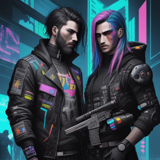 AI generated: batalla en un mundo distopico, dos hombres, cyberpunk, colores fuetes, jaula, distopia, colores cali...