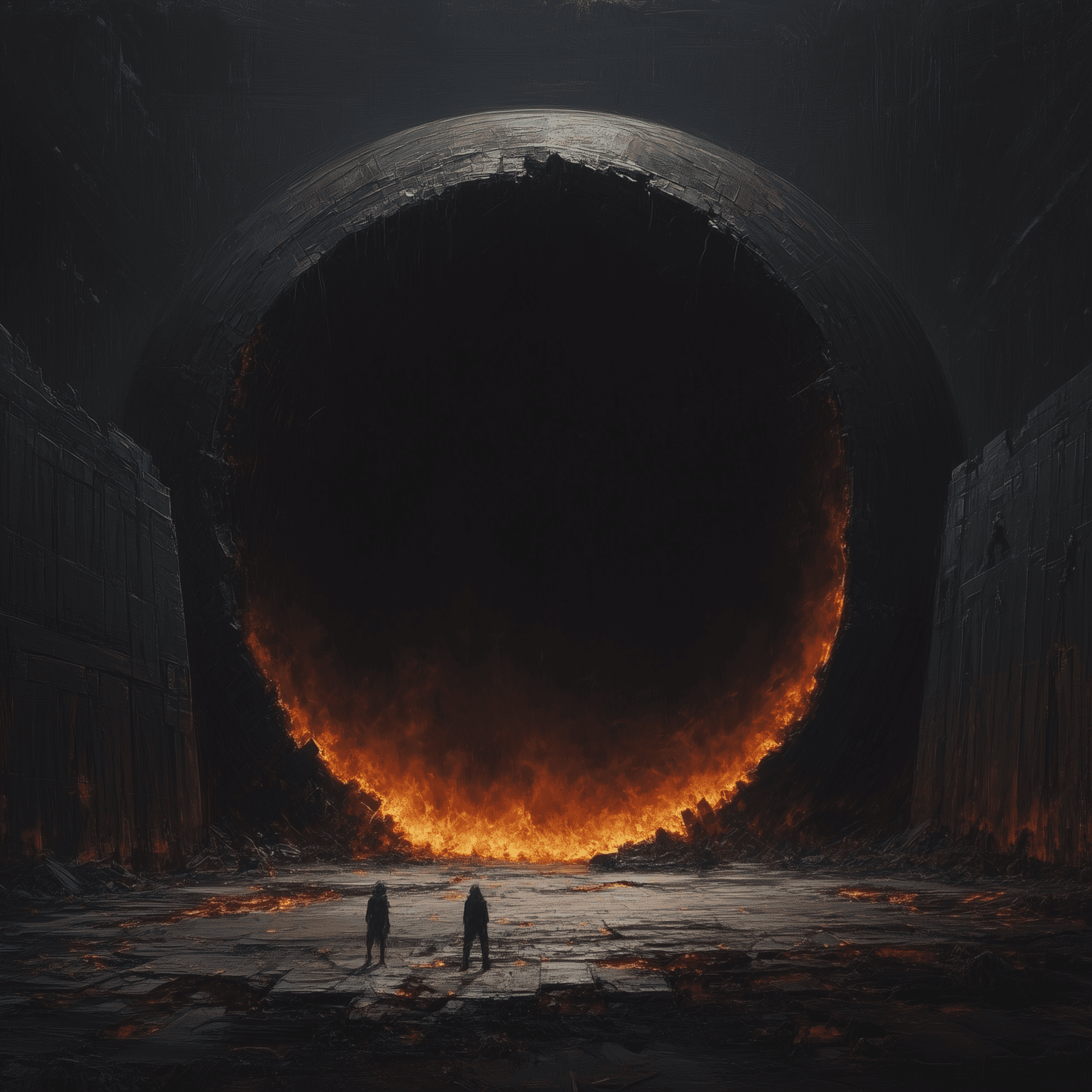 AI generated: A giant black sphere with an opening on the top and inside is on fire, with two people standing at t...