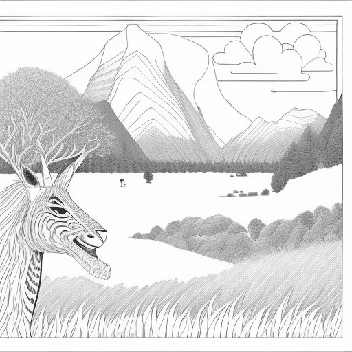 AI generated: Create a black and white coloring book page with an animal in front of an impressive landscape. The ...