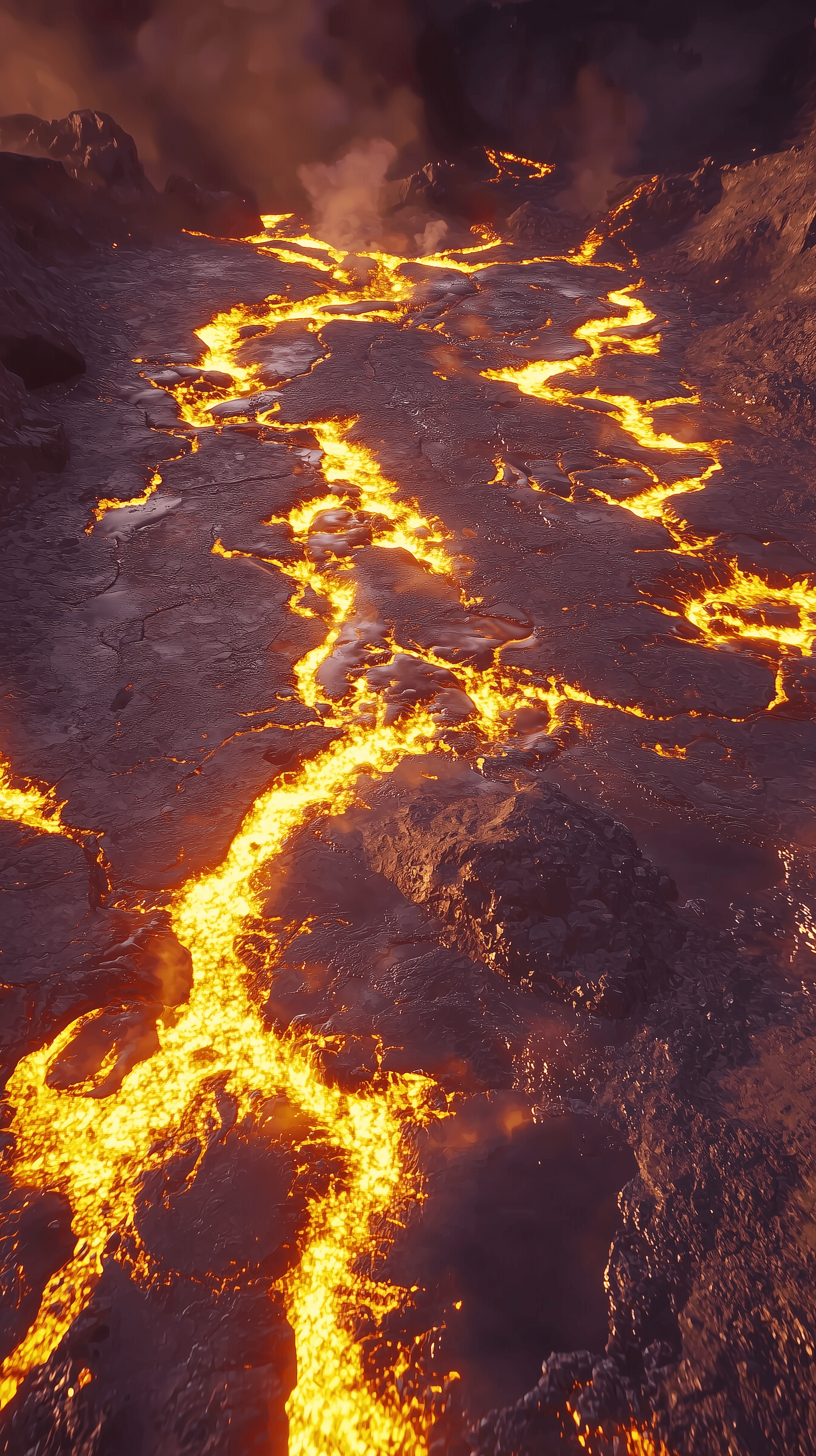 AI generated: drone shot, volcanic terrain, smoldering lava fields, steaming volcanic vents, realistic, rich detai...