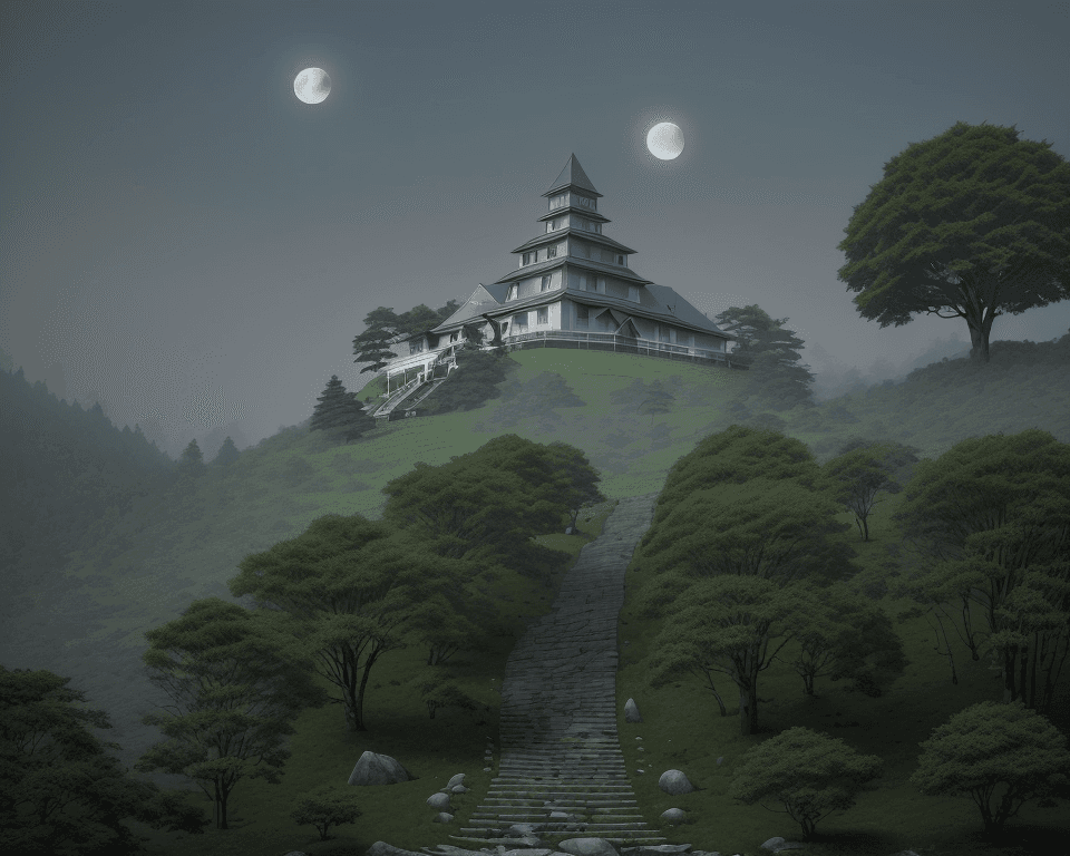 AI generated: rocky hill full of long green trees with stairs going up to the top where there is a visible wooden ...