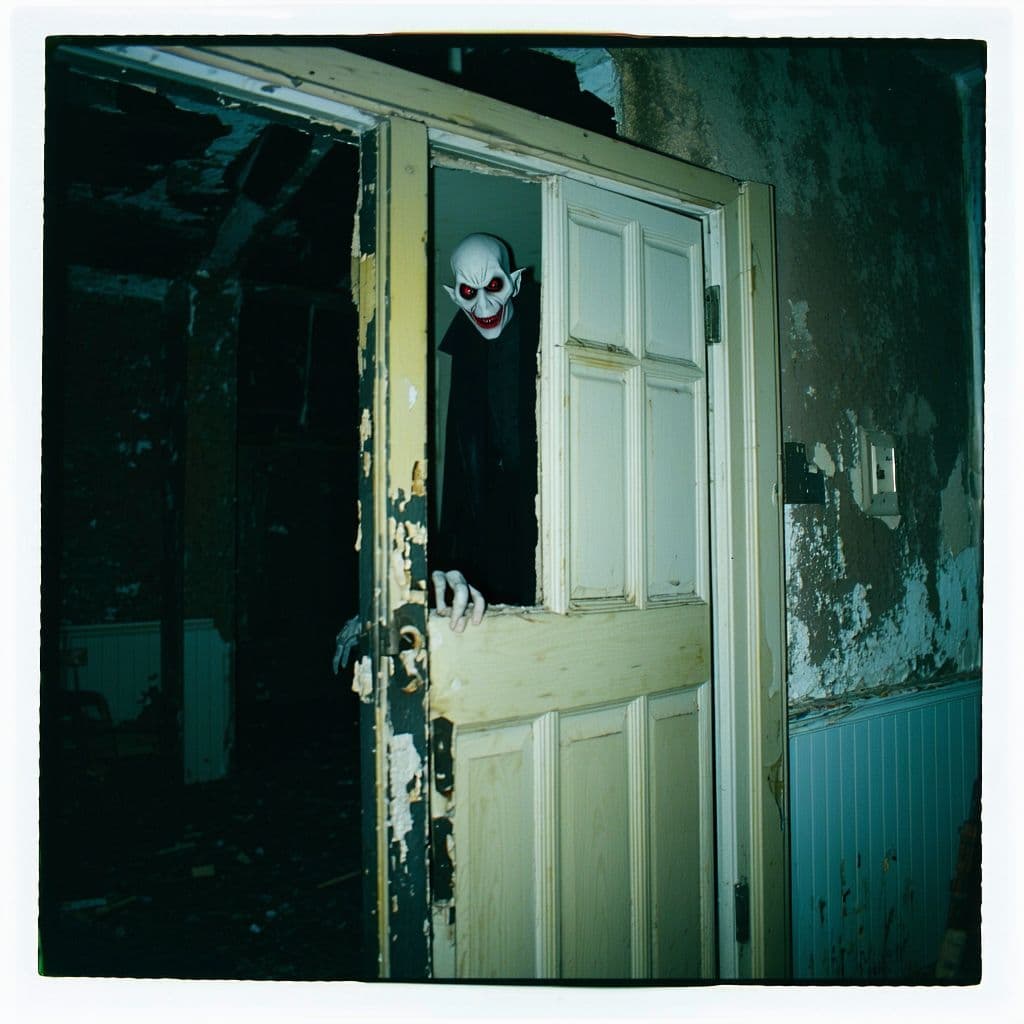 AI generated: grainy 80's photograph quality polaroid of uncanny nosferatu caught in an abandoned house, dark, unc...