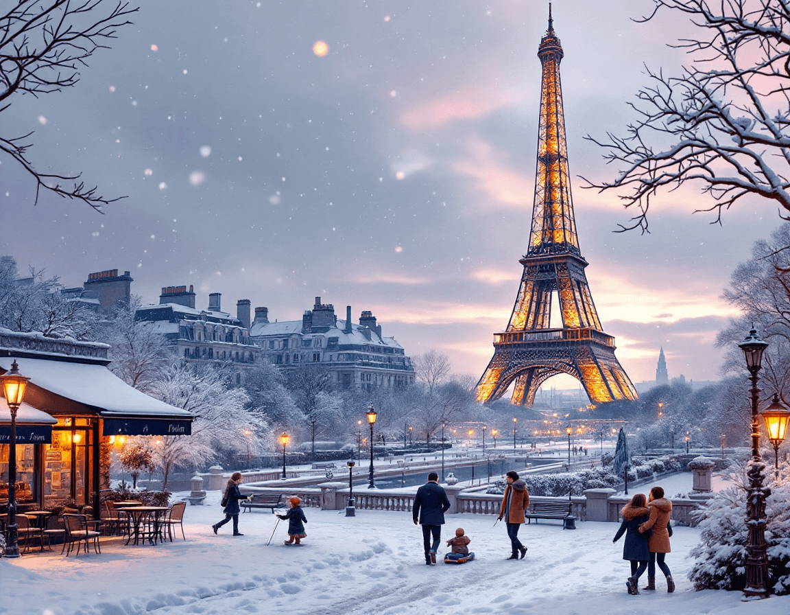 AI generated: A romantic winter dusk at the Eiffel Tower, softly illuminated against a snowy Parisian backdrop. Sn...
