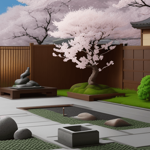 AI generated: A tranquil Zen garden with a cherry blossom tree –seed 42 –s 200 –c 50": Generate an image of a peac...