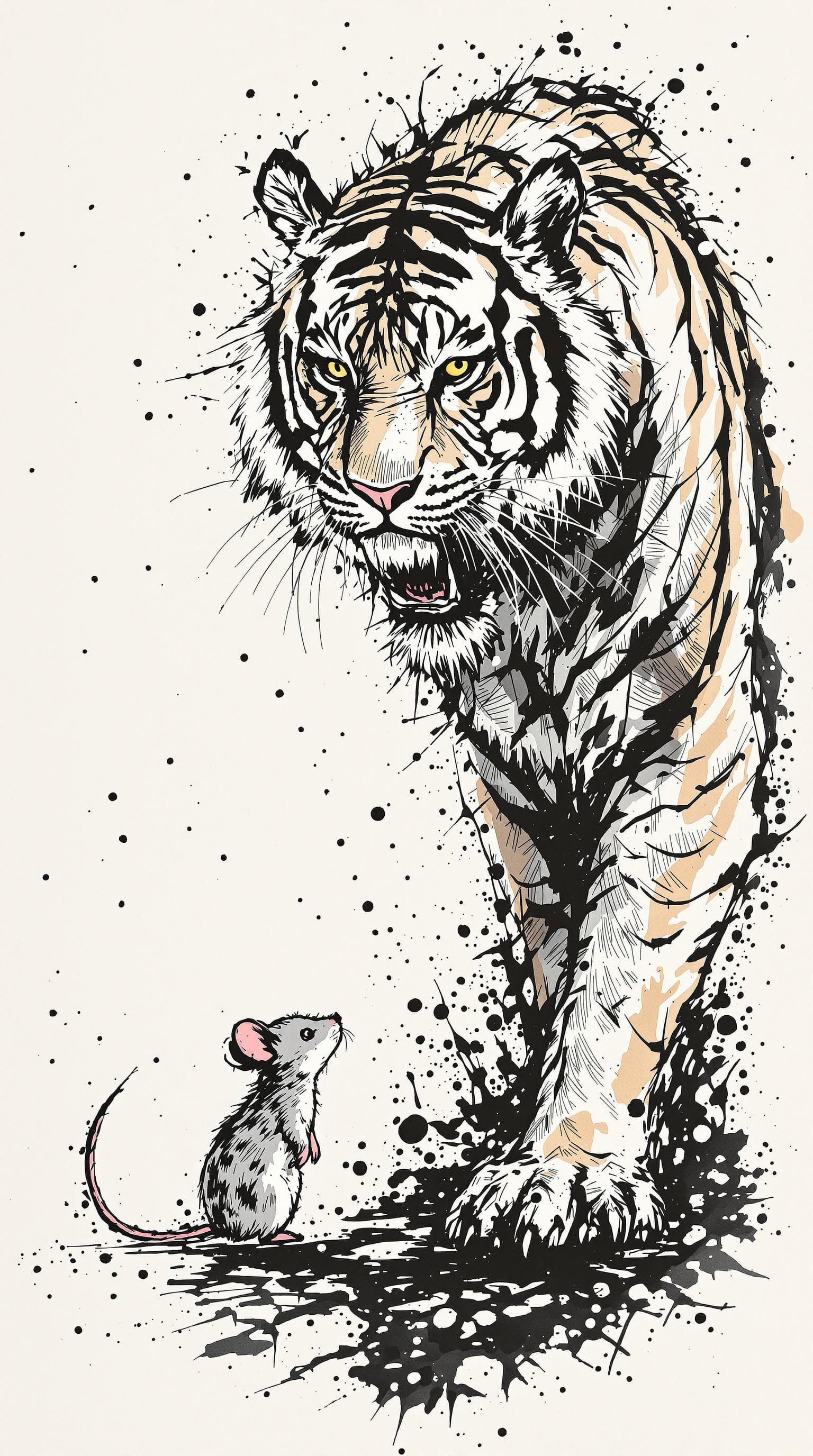 AI generated: a tiger standing around a   mouse ,the tiger and the mouse are same sized,detailed,ink style,Ink spl...
