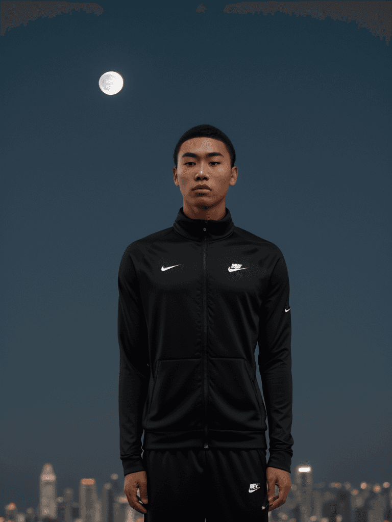 AI generated: young man moai head using nike tracksuit, accurate symmetry of the sky, night time, big full moon ab...