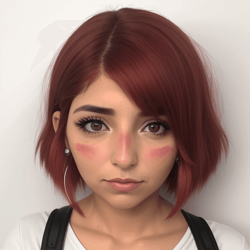 AI generated: chica viajera, artista, tierna, ruda , peliroja cabello corto con la cara de frente con audifonos bl...