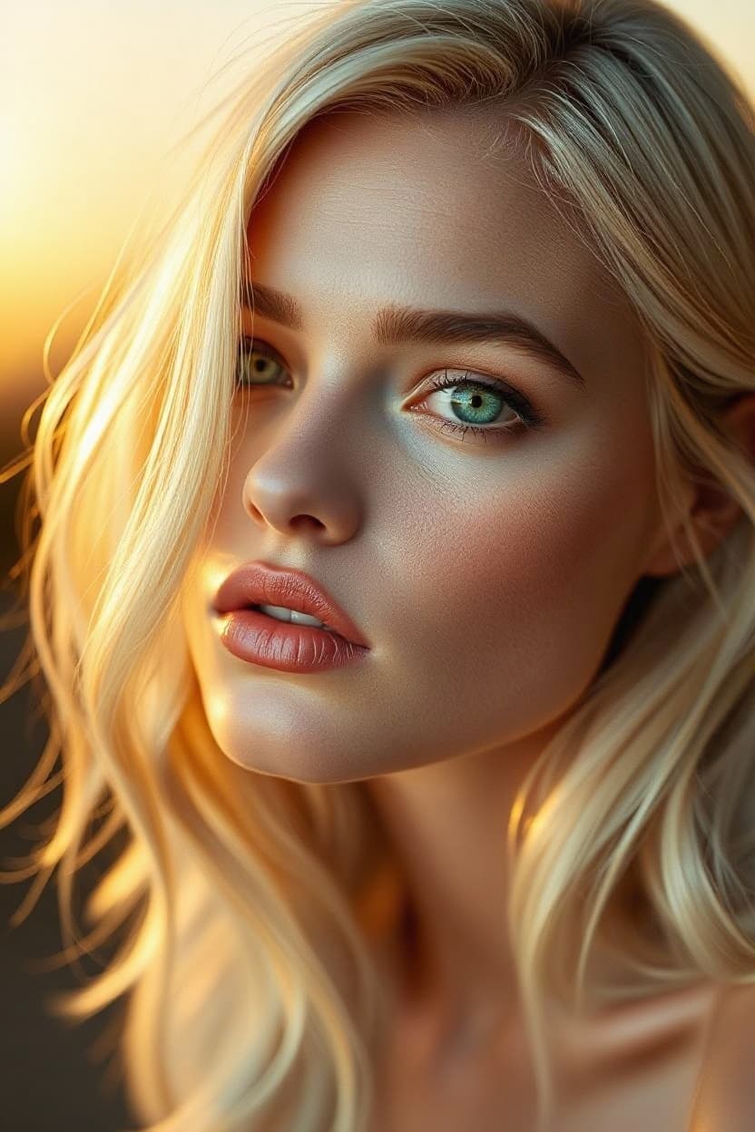 AI generated: "A finely detailed, warm-toned professional photograph of a supermodel with flowing  platinum blonde...