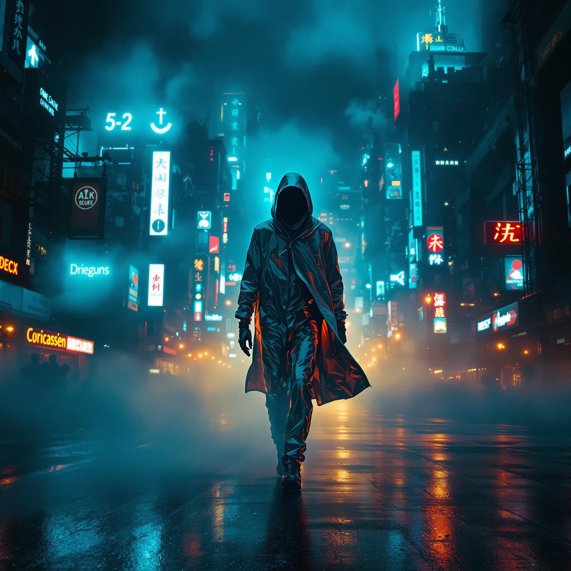 AI generated: A mysterious phantom figure walking through neon-lit fog, a shadow dissolving into the night. A lone...