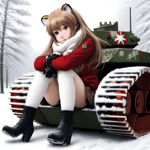 AI generated: taiga aisaka, anime, sit in snowy camouflage riding tank and hug herself, winter red school uniform,...