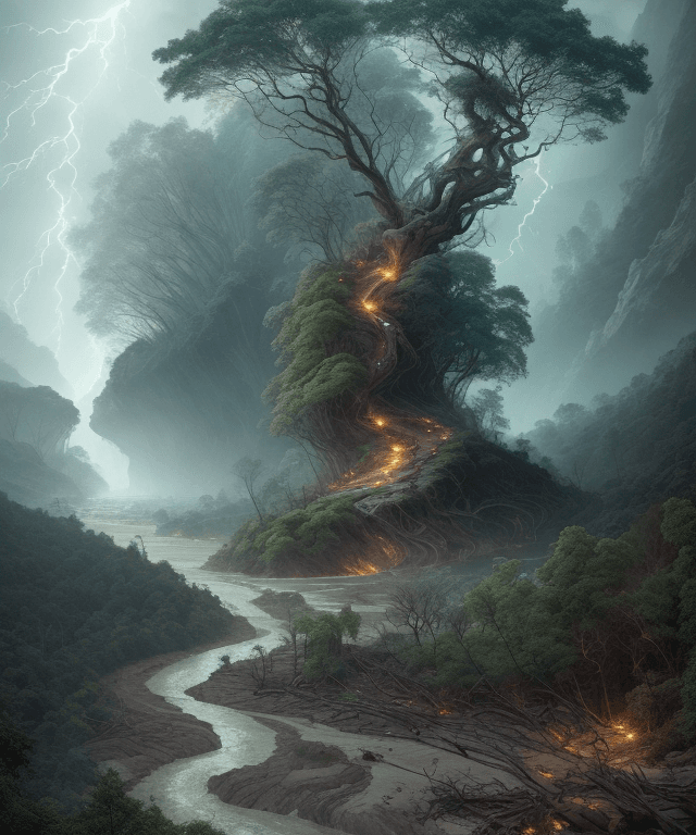 AI generated: storm,typhon,rock fill river,litter,rianing,
natural disaster in forest, flood landslide, no human c...