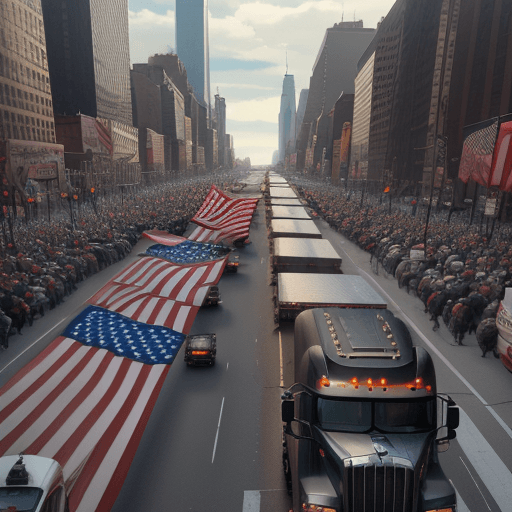 AI generated: truckers for trump blockade New York city, brining it to it's knees. Wide angle, trending on artstat...