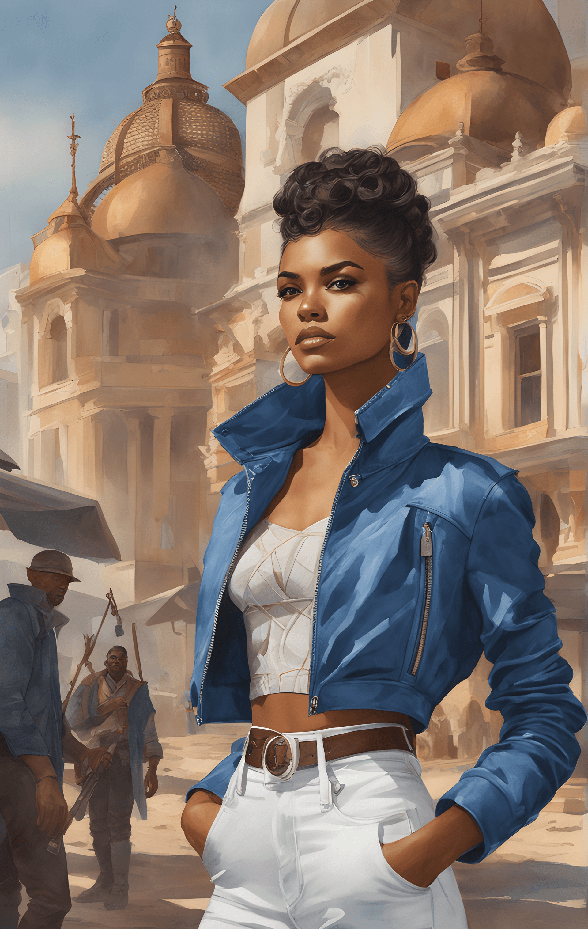 AI generated: Zendaya, black girl, short crop blue jacket, High Waist white Jeans, war atmosphere