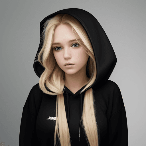 AI generated: The image features a beautiful 25 year old woman with long blonde hair, wearing a black hoodie. 