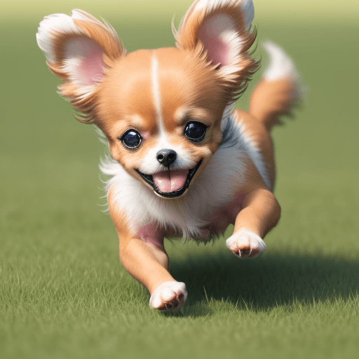 AI generated: Small dog interior running on the grass playing with meat