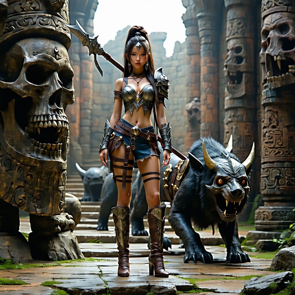 AI generated: Full body shot side view of young beautiful women warrior queen-pirat in an exquisite costume with m...